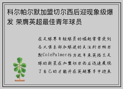 科尔帕尔默加盟切尔西后迎现象级爆发 荣膺英超最佳青年球员