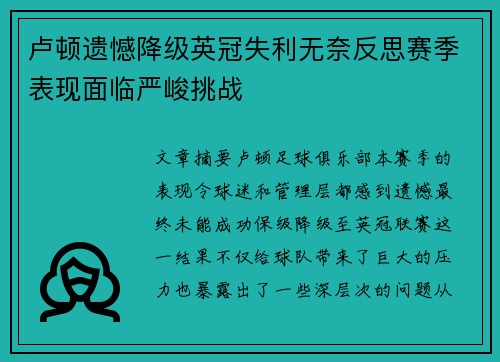 卢顿遗憾降级英冠失利无奈反思赛季表现面临严峻挑战